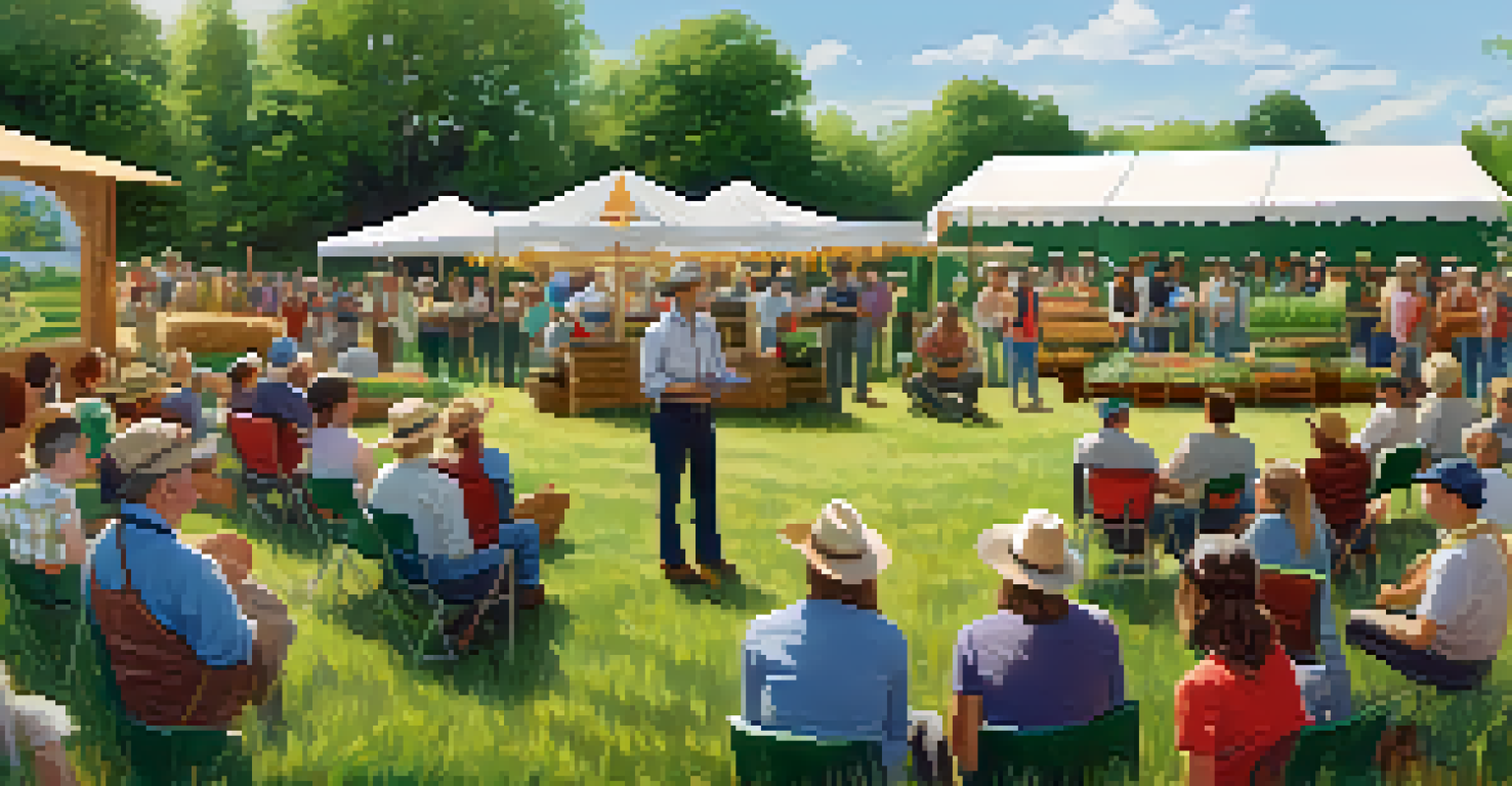 Farmers attending an educational workshop on sustainable farming techniques at an agricultural fair.