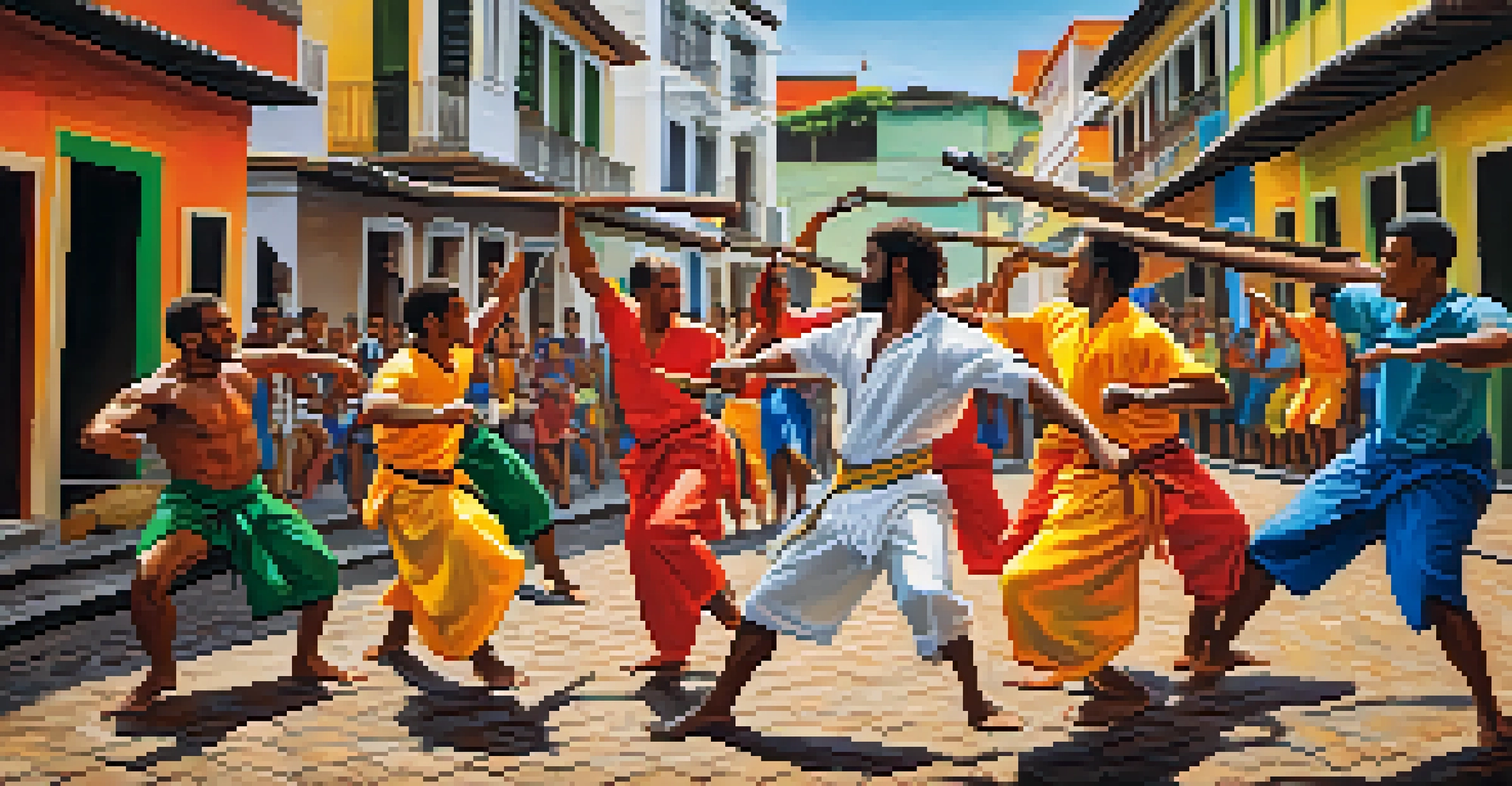 Capoeira practitioners performing acrobatic moves in the streets of Salvador, surrounded by colorful clothing and traditional instruments.
