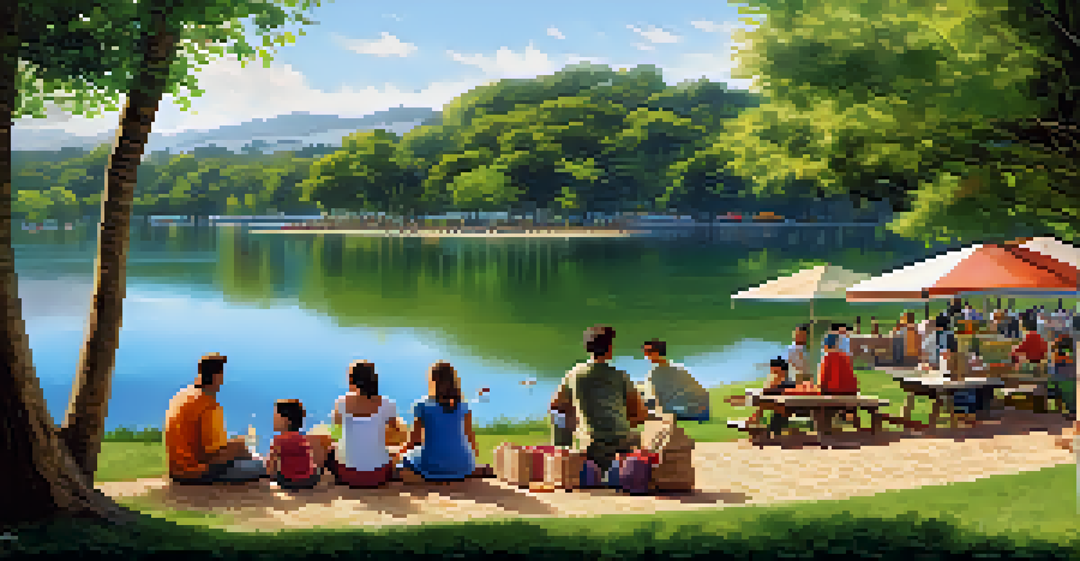 A cozy scene at Parque da Água Branca with a lake, families picnicking, children playing, and a vibrant artisan market in the background.