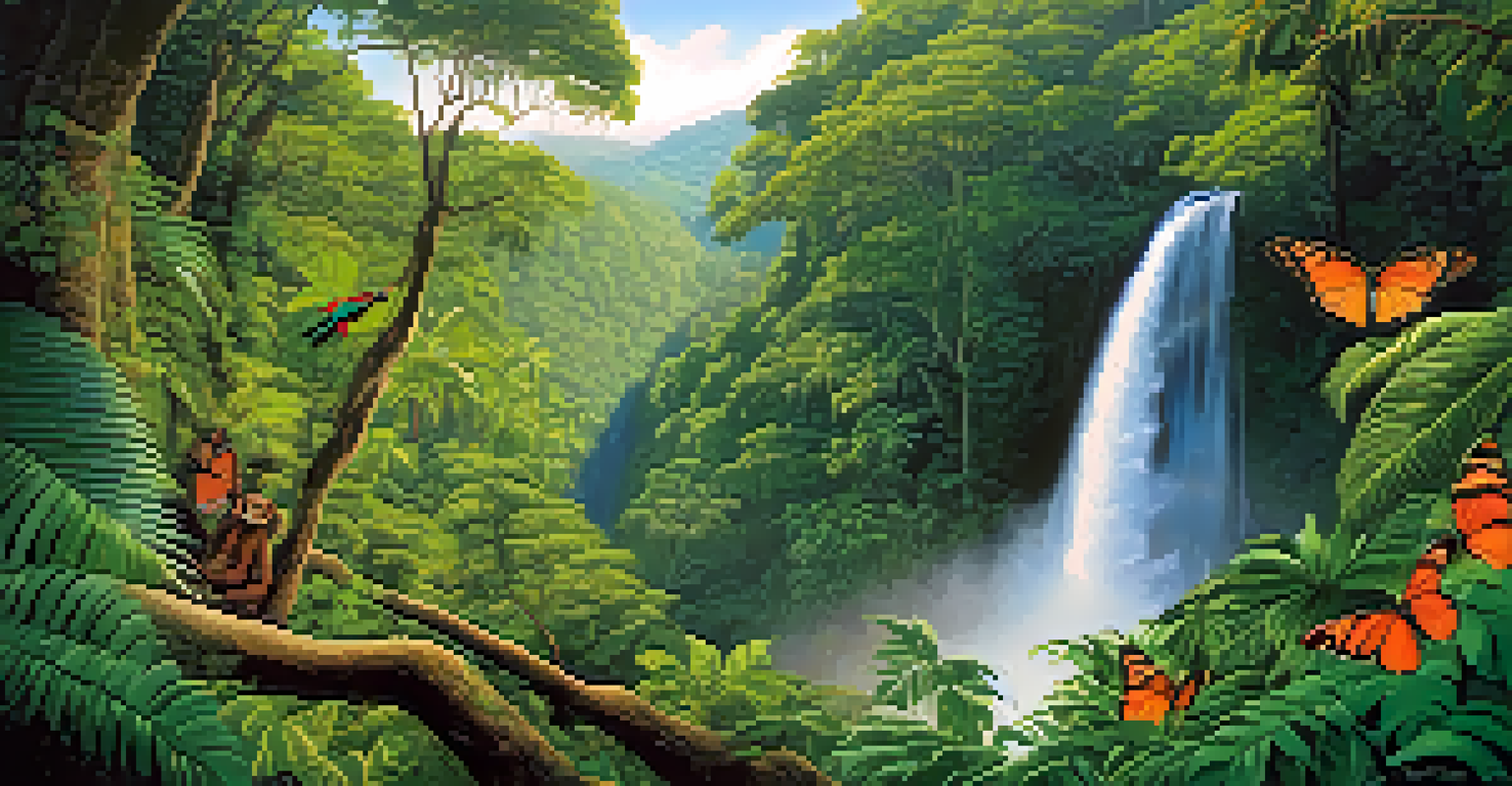 A beautiful view of the Atlantic Forest with a waterfall, hiking trail, and colorful wildlife.