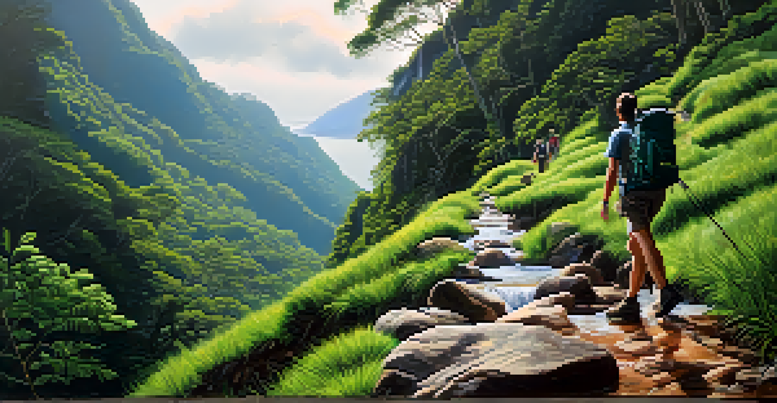 A hiker on a rocky trail in Tijuca National Park, with a waterfall visible in the background, surrounded by forest.