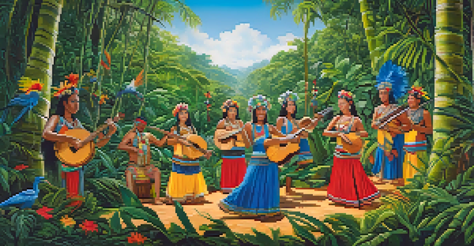 An Amazon rainforest with lush greenery, featuring traditional musicians playing maracas and bamboo flutes, dressed in colorful traditional attire.