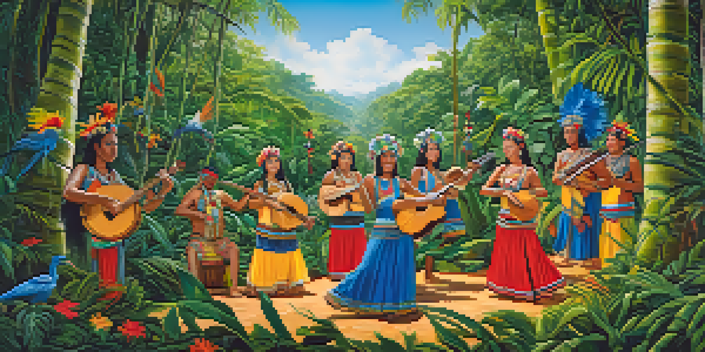 An Amazon rainforest with lush greenery, featuring traditional musicians playing maracas and bamboo flutes, dressed in colorful traditional attire.