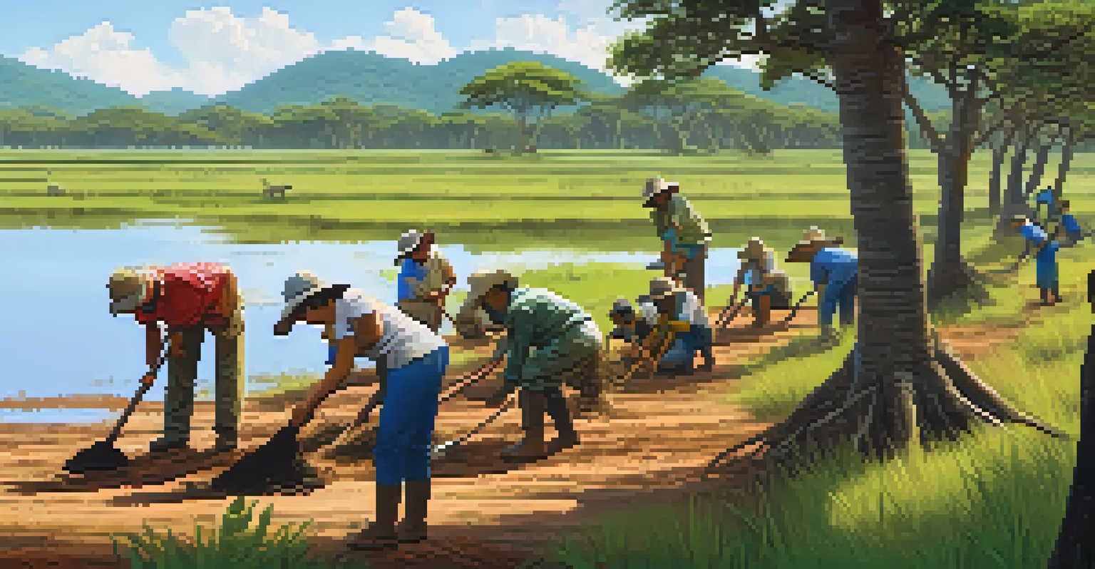Travelers planting trees in the Pantanal wetlands at an eco-lodge, with lush greenery and capybaras in the background.