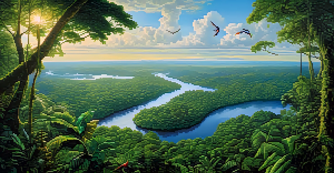 An aerial view of the lush green Amazon rainforest with rivers and colorful birds, highlighting the rich biodiversity.