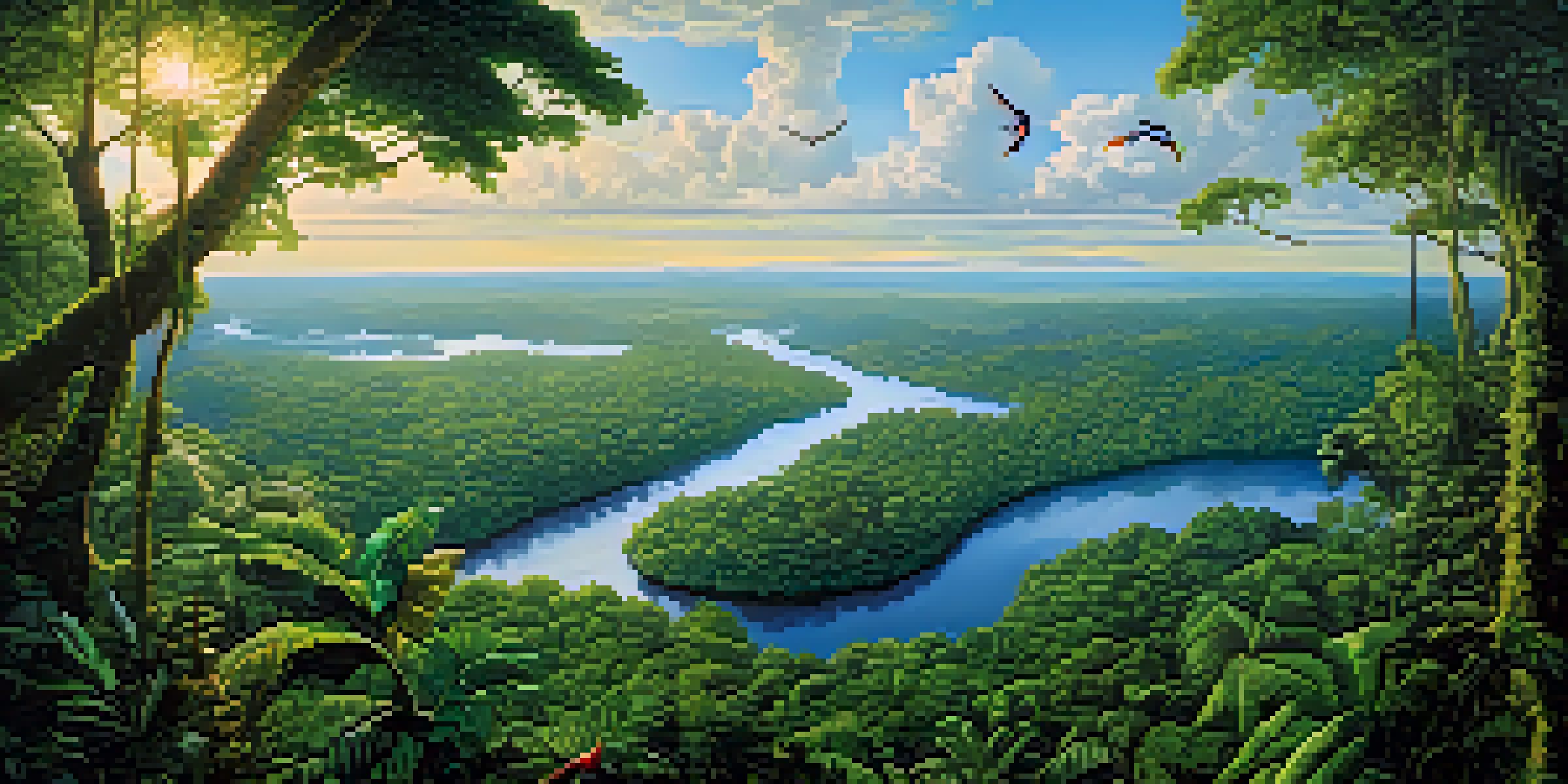 An aerial view of the lush green Amazon rainforest with rivers and colorful birds, highlighting the rich biodiversity.