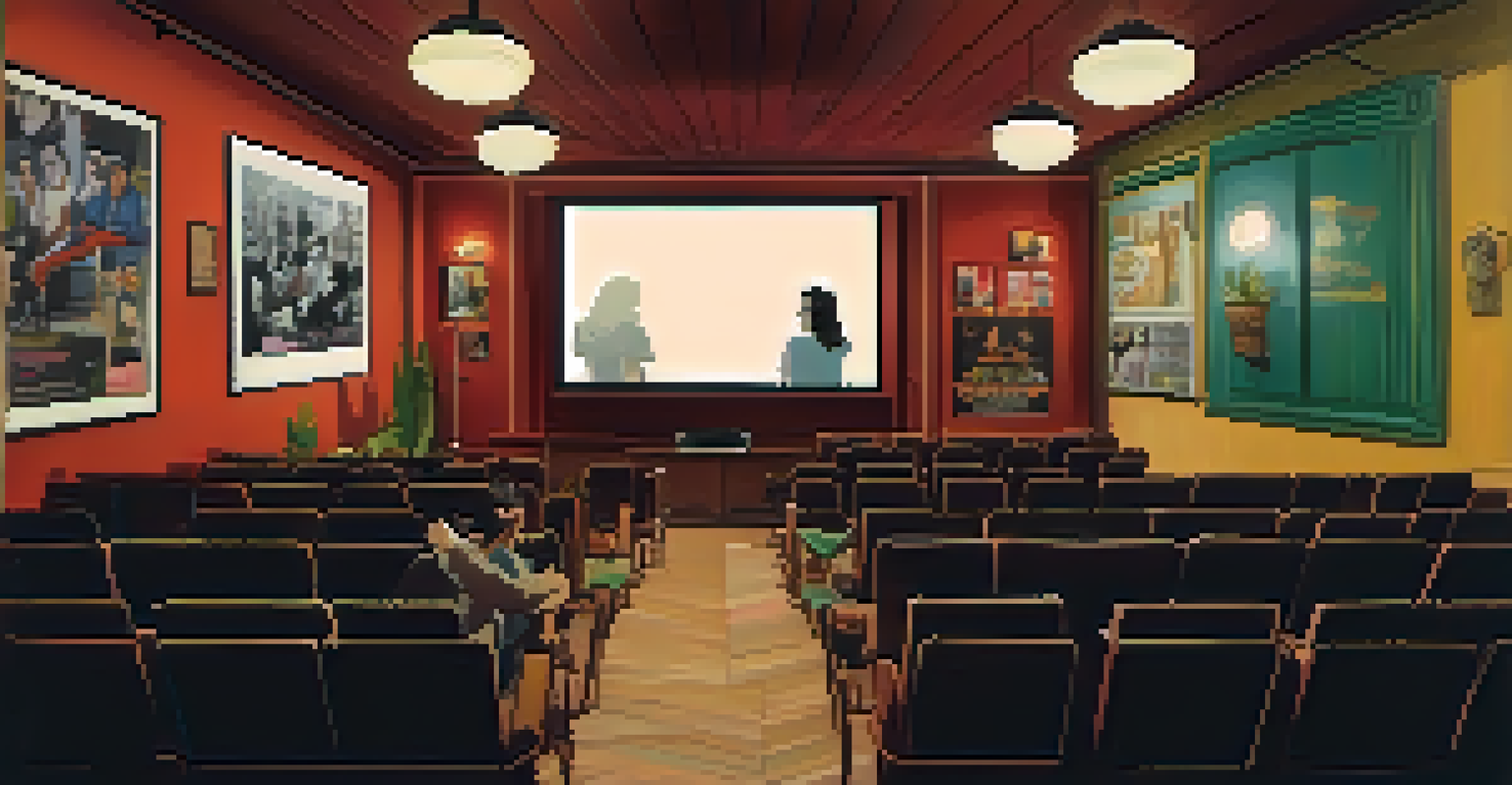 A small independent cinema in São Paulo showing a contemporary Brazilian film, with a cozy atmosphere and engaged audience.