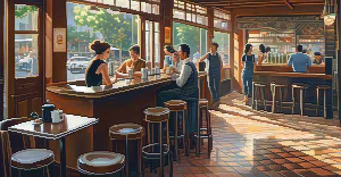 A cozy coffee shop in São Paulo with vintage decor, patrons enjoying coffee, and a barista at work.