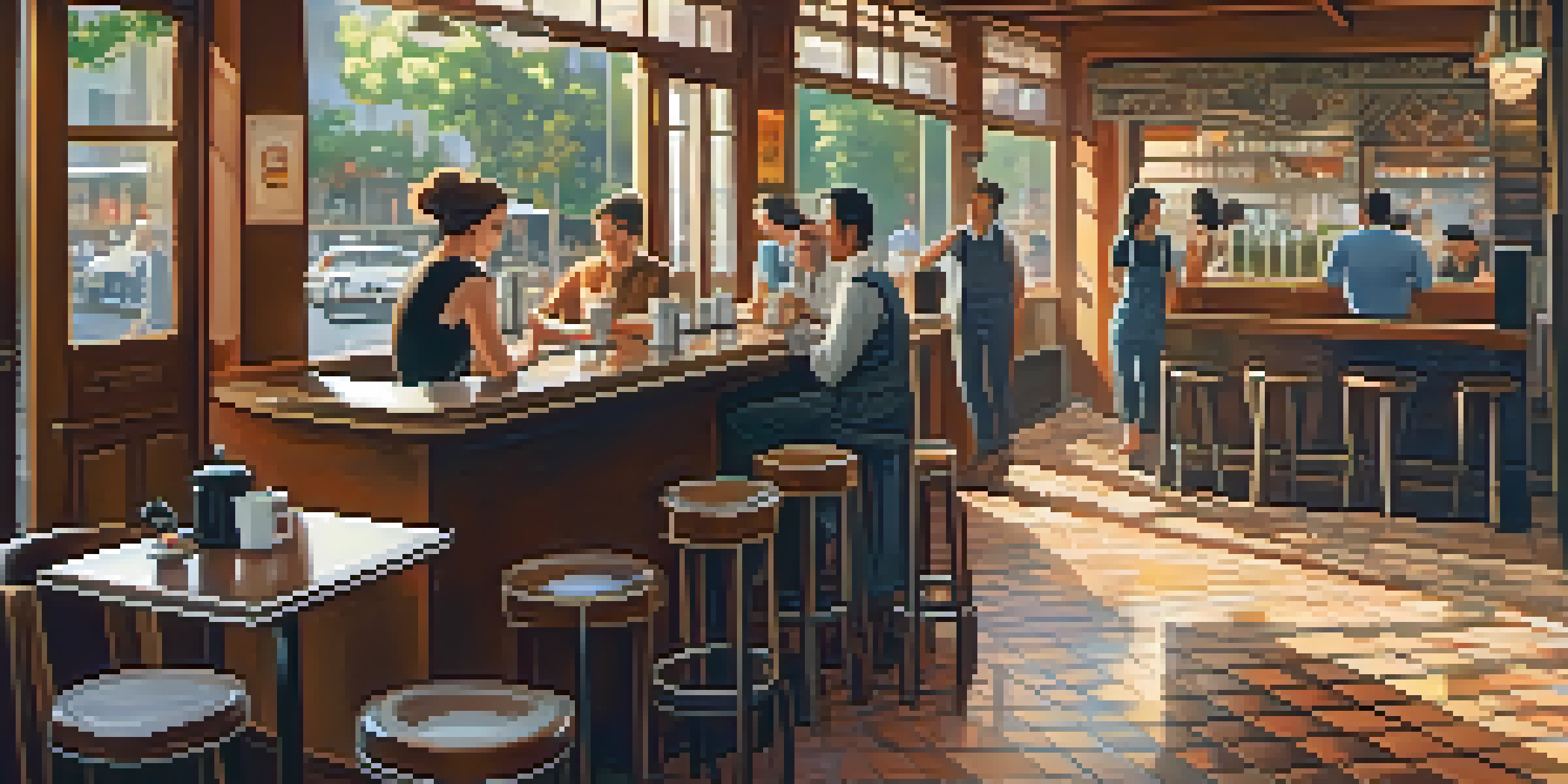 A cozy coffee shop in São Paulo with vintage decor, patrons enjoying coffee, and a barista at work.
