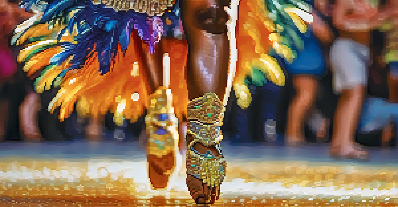 Close-up of a samba dancer's feet showcasing intricate footwork, adorned in a sparkling costume at a lively Carnival parade.