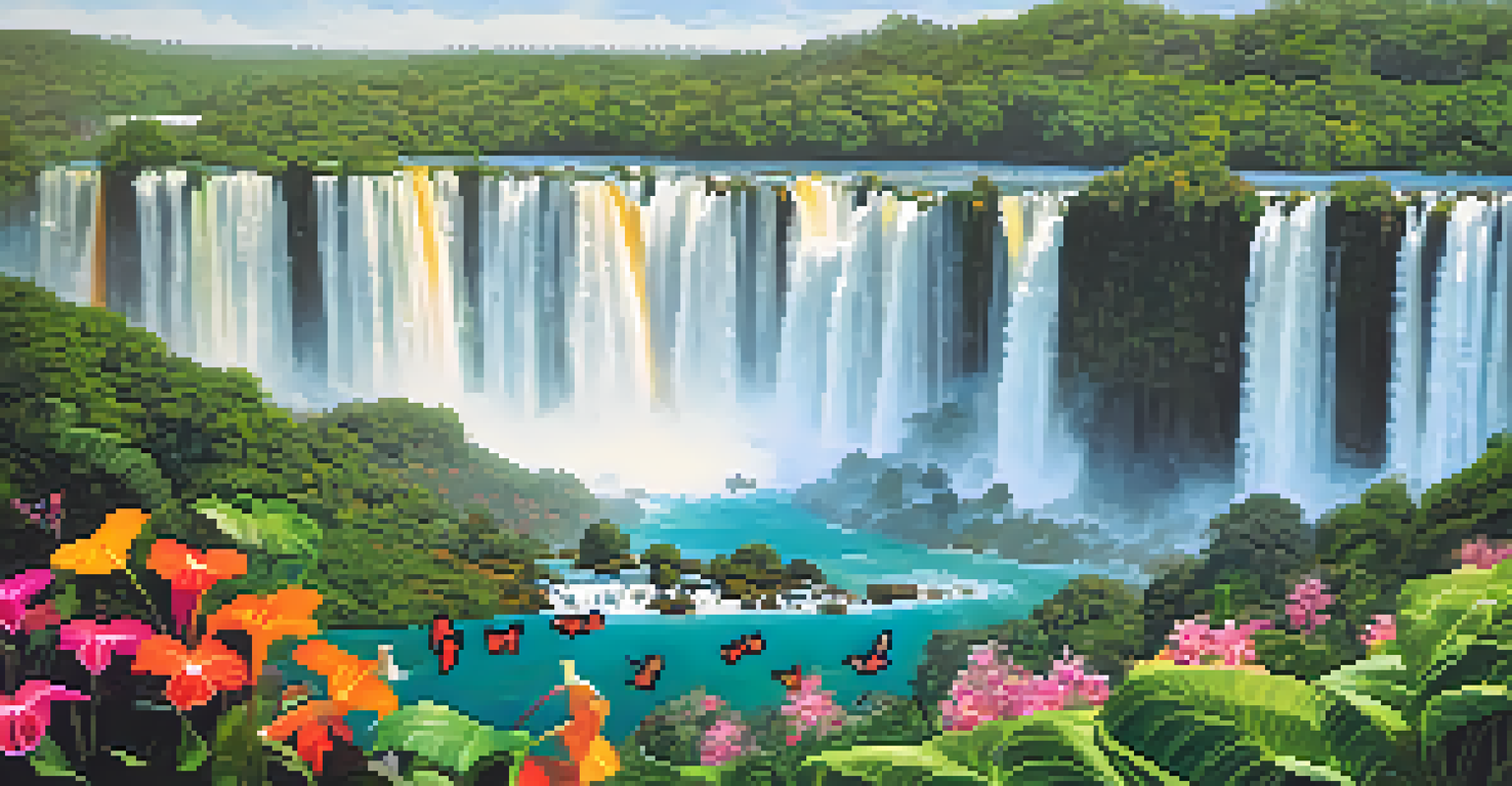 A close-up of exotic flowers and lush greenery surrounding Iguazu Falls, with butterflies adding color to the vibrant scene.