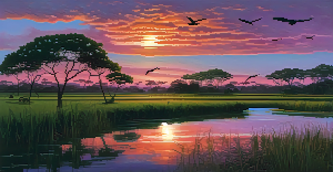 A breathtaking sunset over the Pantanal wetland, with colorful skies and silhouettes of wildlife.