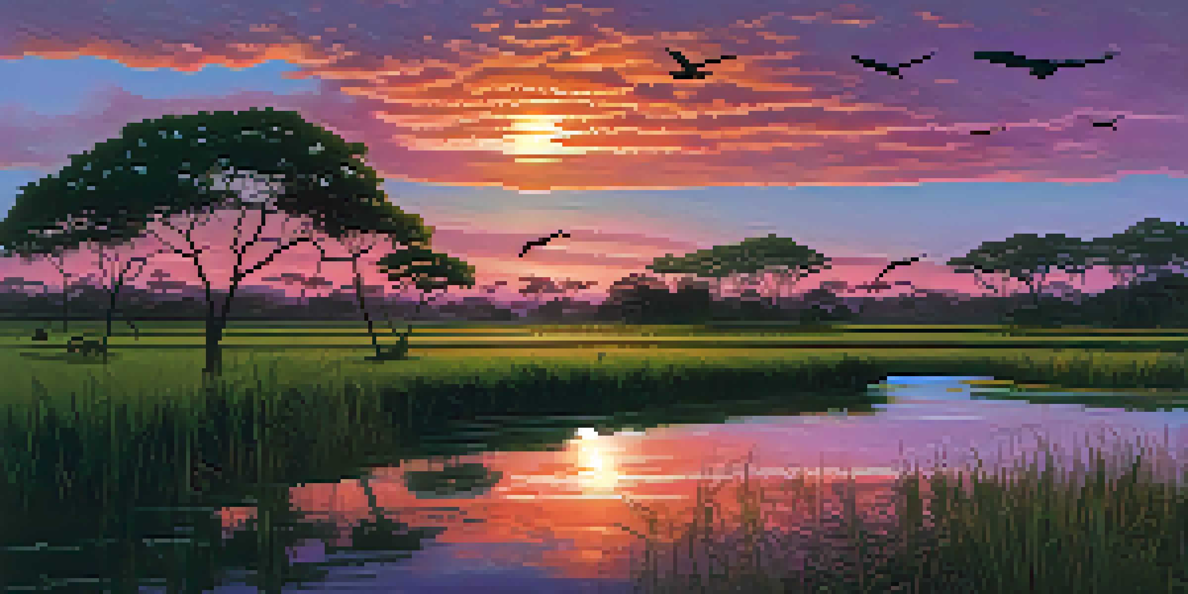 A breathtaking sunset over the Pantanal wetland, with colorful skies and silhouettes of wildlife.