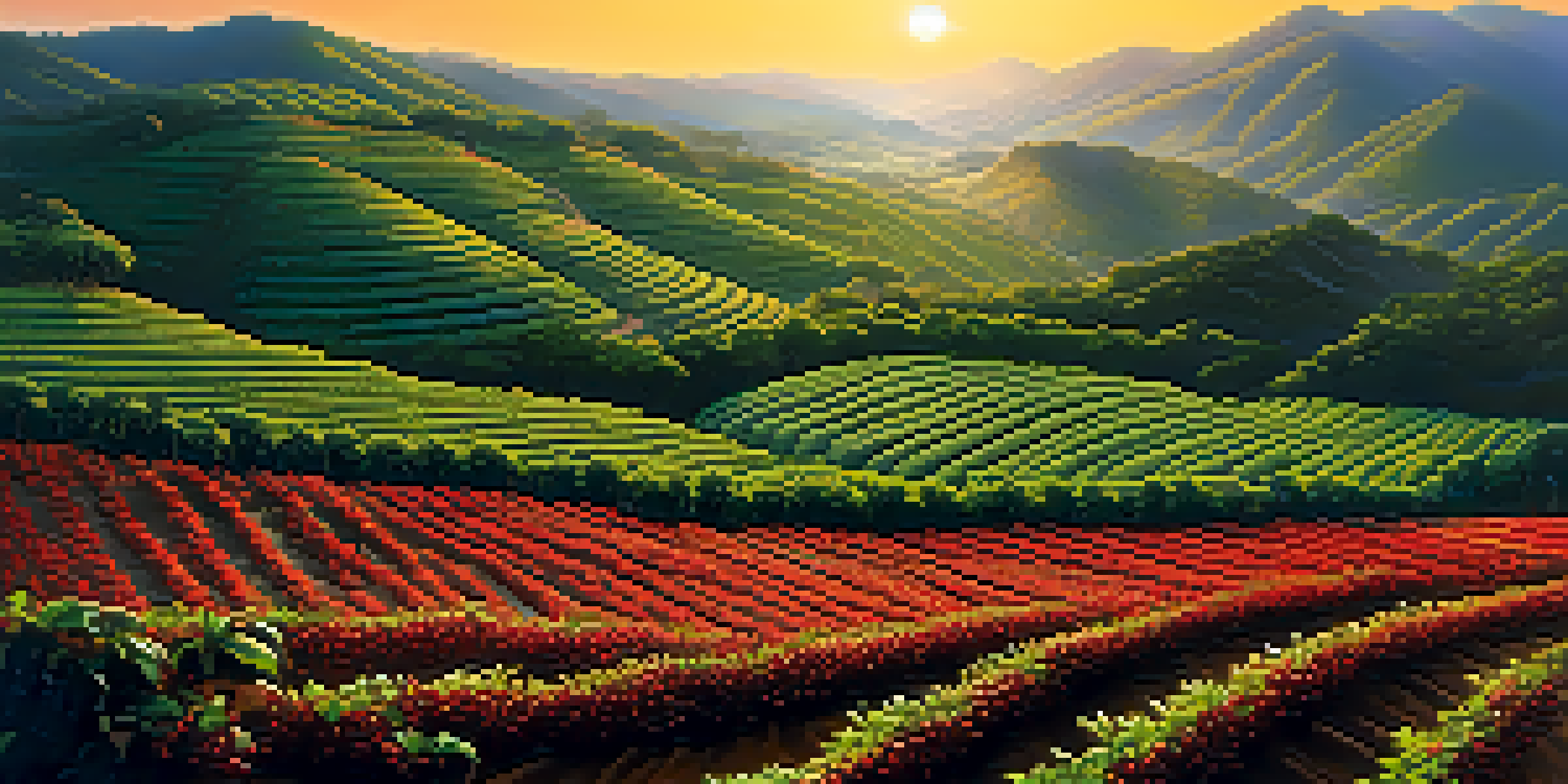 A beautiful sunrise over a Brazilian coffee plantation, showcasing green coffee trees and red cherries.