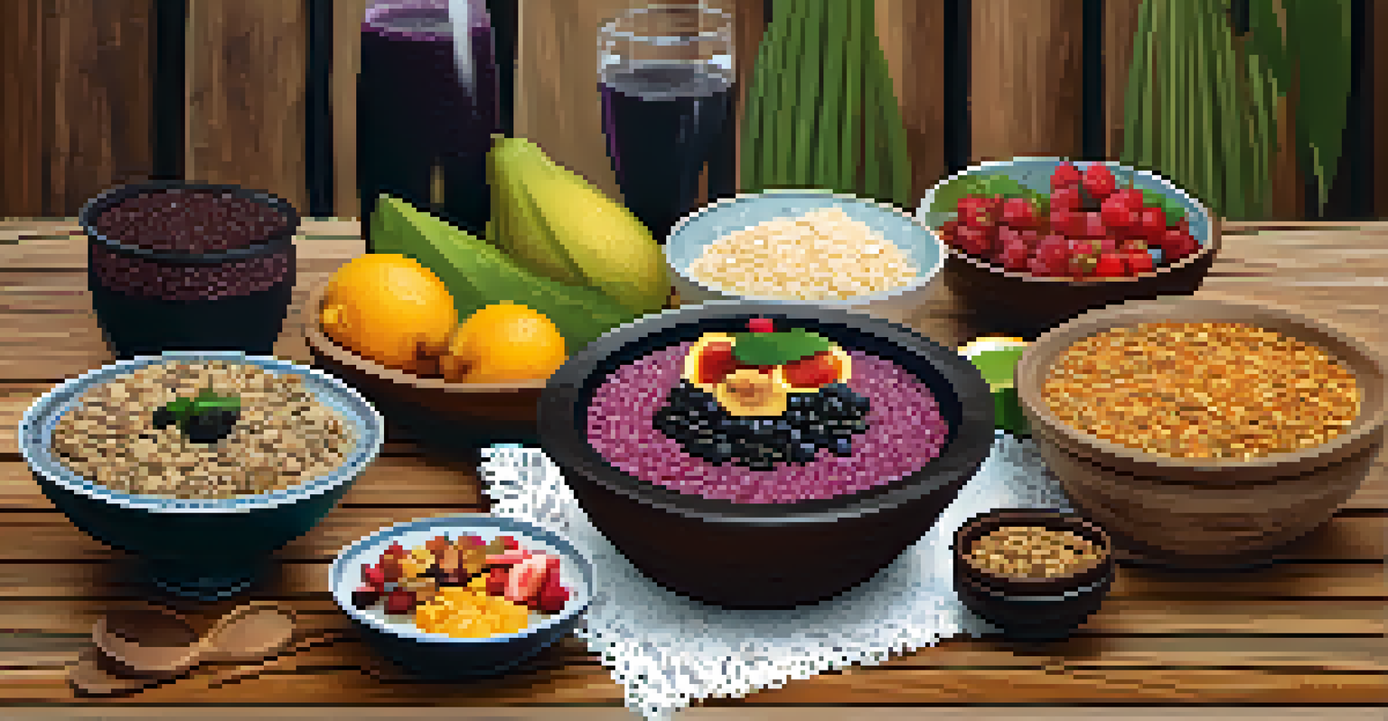 A table filled with traditional Brazilian dishes, including feijoada, brigadeiros, and açaí bowl, showcasing the rich culinary heritage of Brazil.