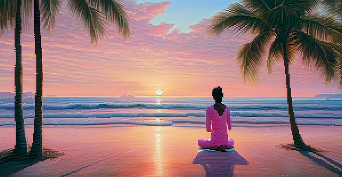 A person practicing yoga on a beach at sunrise, surrounded by palm trees and gentle waves.