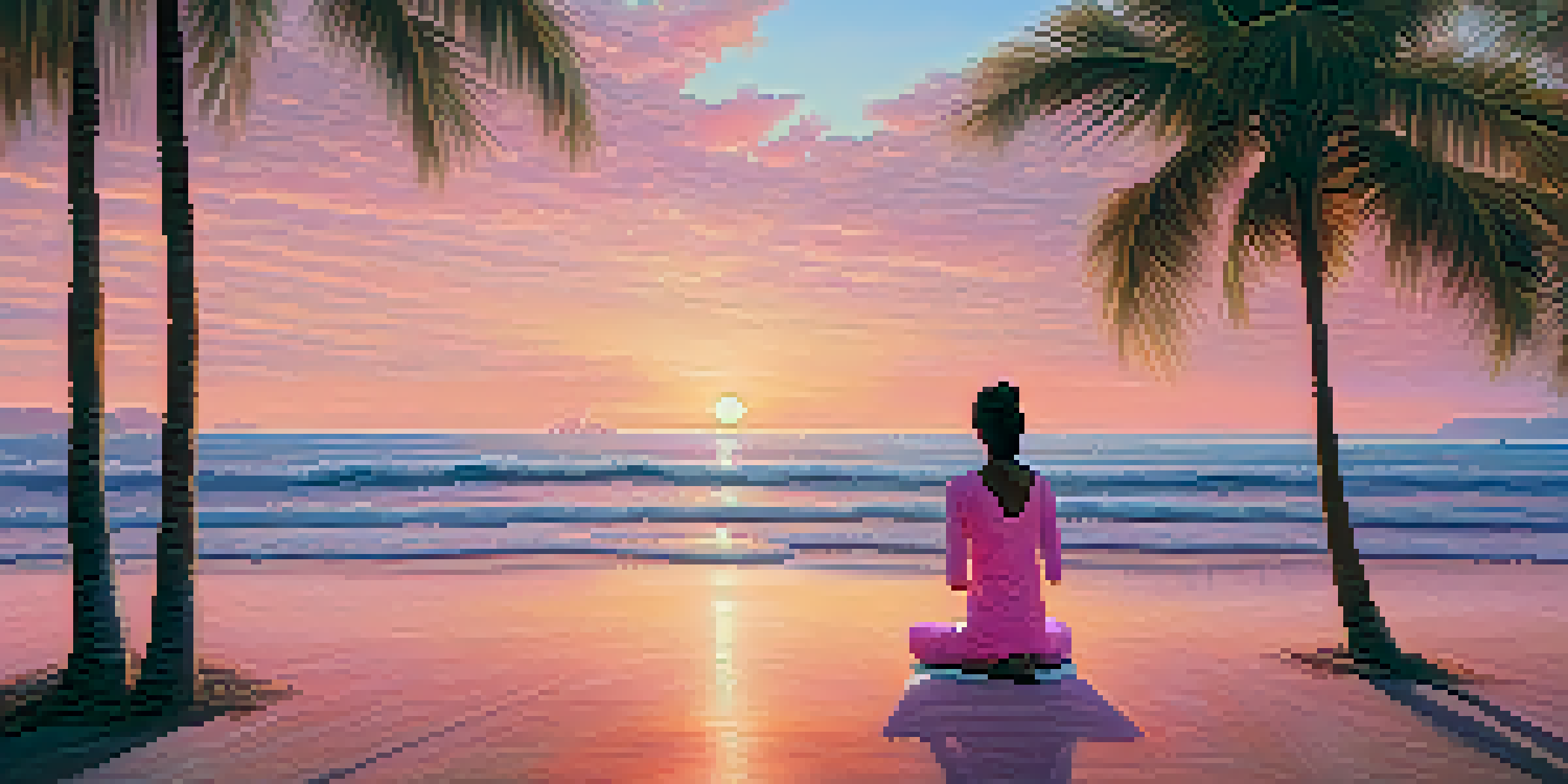 A person practicing yoga on a beach at sunrise, surrounded by palm trees and gentle waves.