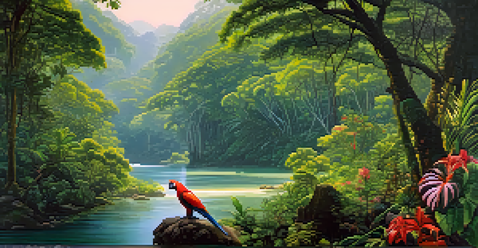 A vibrant tropical jungle in Brazil with dense greenery, a flowing river, and a colorful parrot.