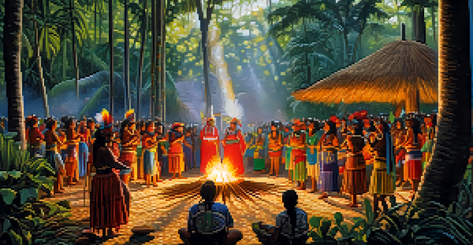A group of indigenous people in traditional attire performing a vibrant ceremony in a lush forest with sunlight filtering through the trees.