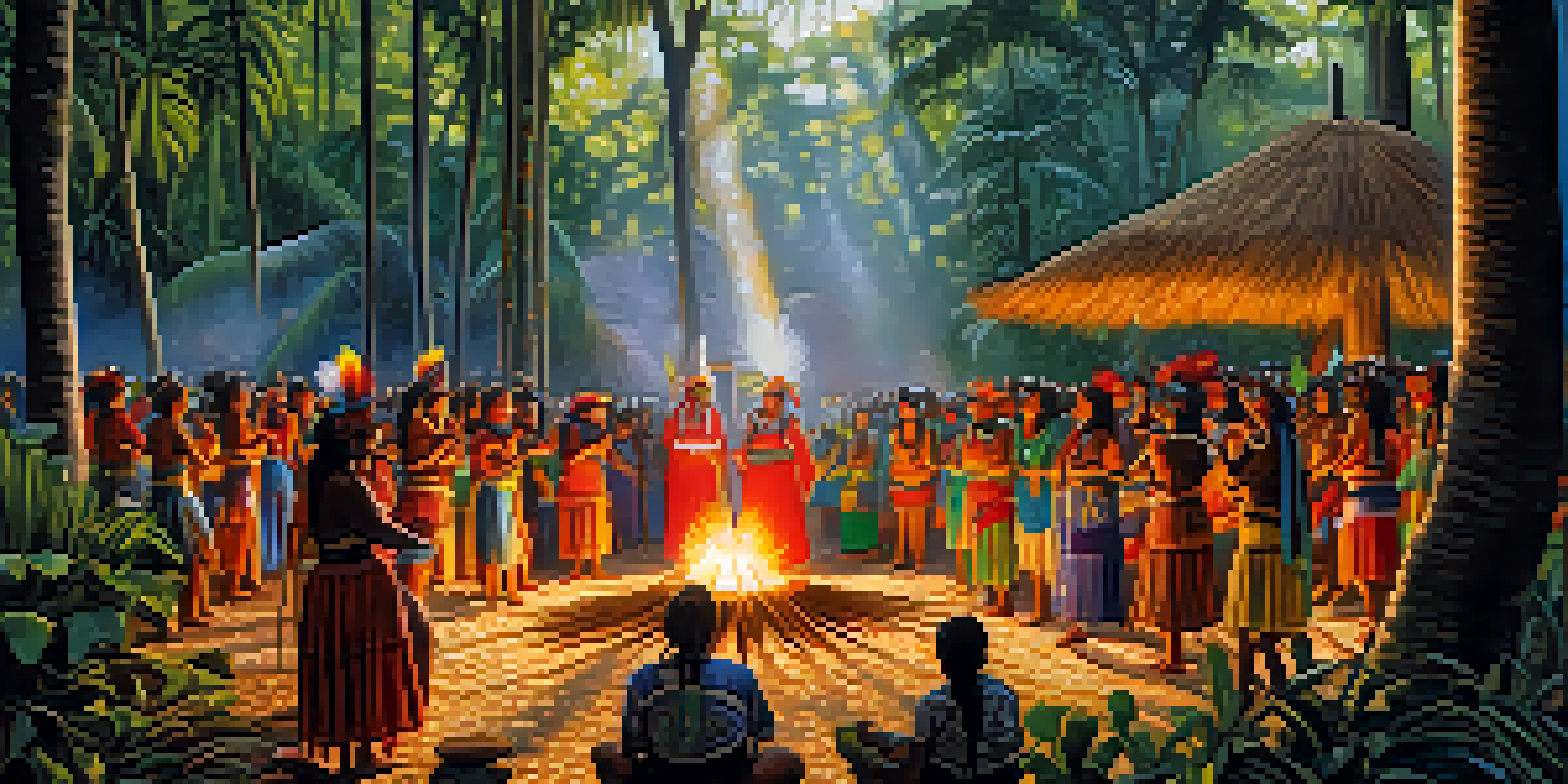 A group of indigenous people in traditional attire performing a vibrant ceremony in a lush forest with sunlight filtering through the trees.