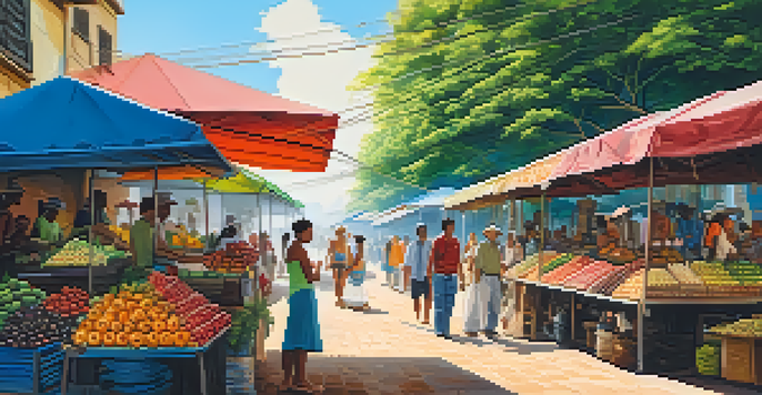 A bustling market in Brazil with colorful stalls, tropical fruits, and diverse travelers engaging with vendors under the sun.