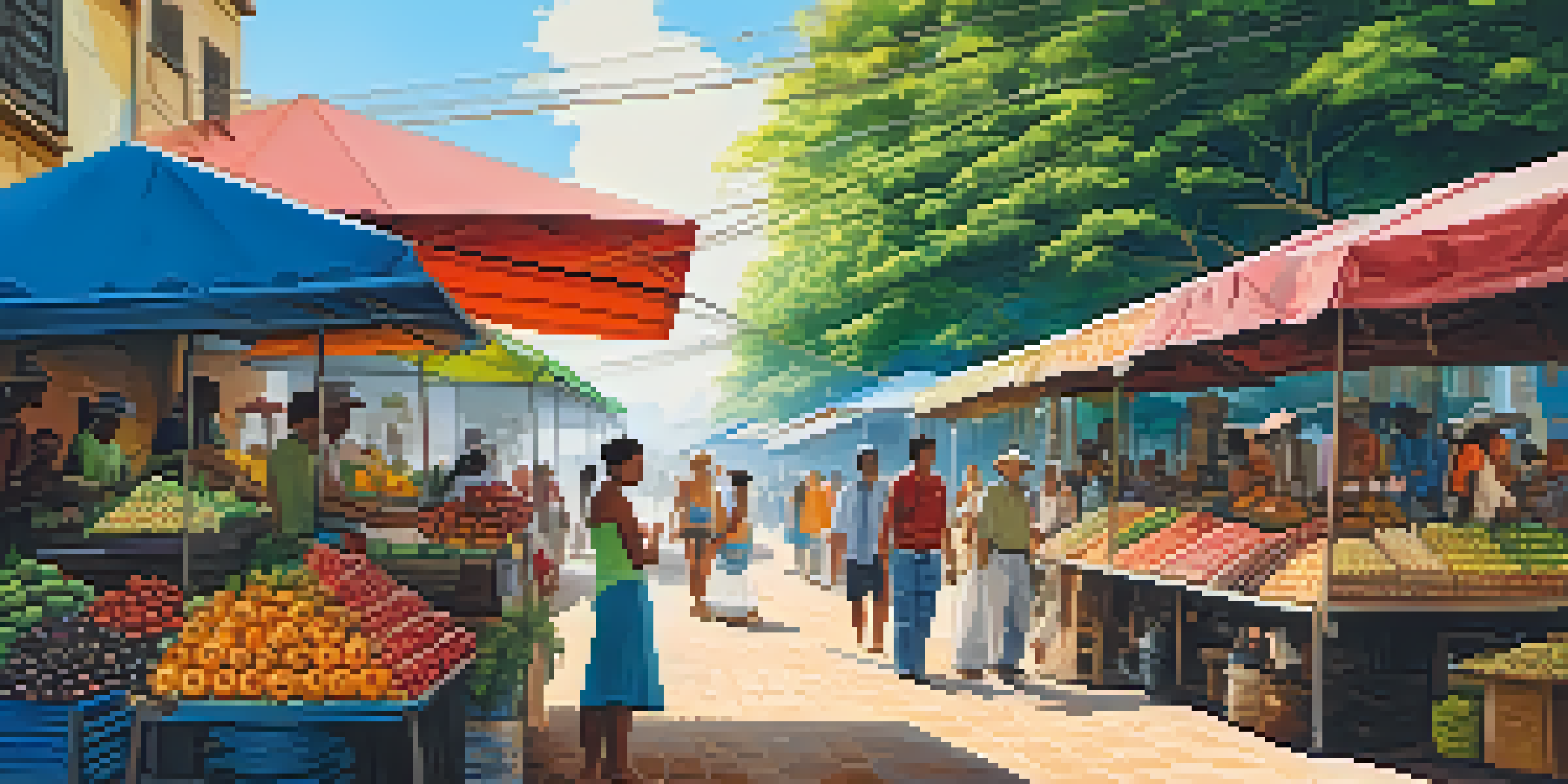 A bustling market in Brazil with colorful stalls, tropical fruits, and diverse travelers engaging with vendors under the sun.