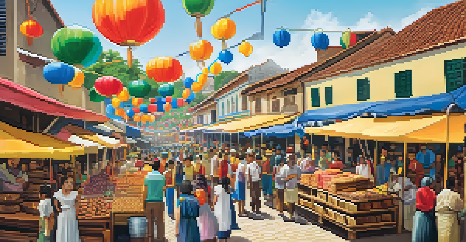 A lively market scene during a festival in Olinda with colorful stalls and people in festive costumes.