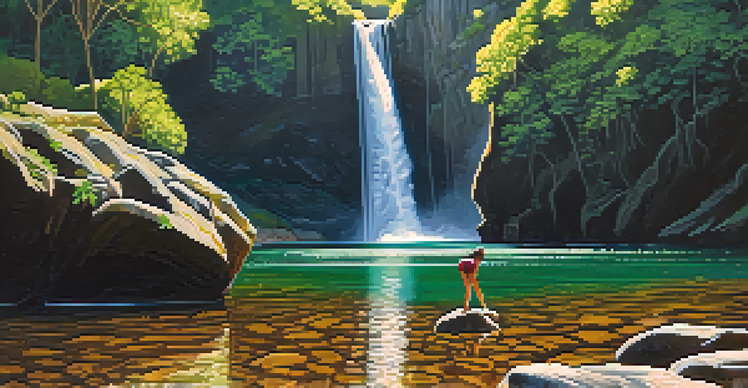 The majestic Casca d'Anta waterfall in Serra da Canastra, with cascading water and a hiker ready to swim in the natural pool.