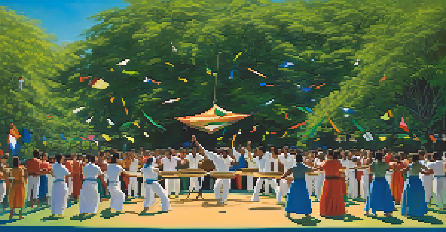 A Capoeira performance outdoors with dancers in colorful outfits moving gracefully in a circle, surrounded by greenery and spectators.