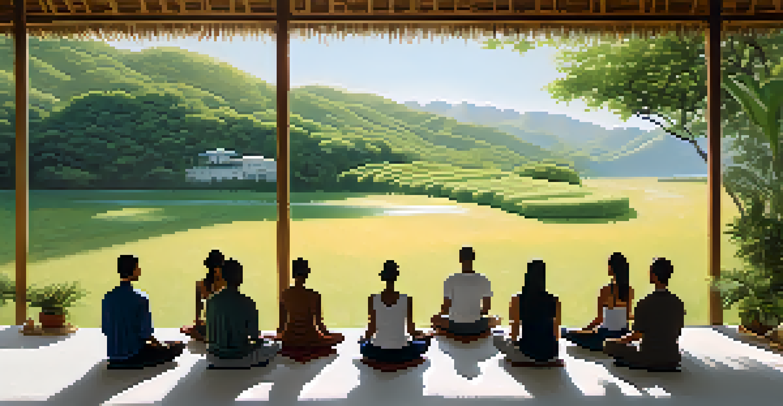 A group seated in a circle practicing meditation outdoors with hills in the background during sunrise.