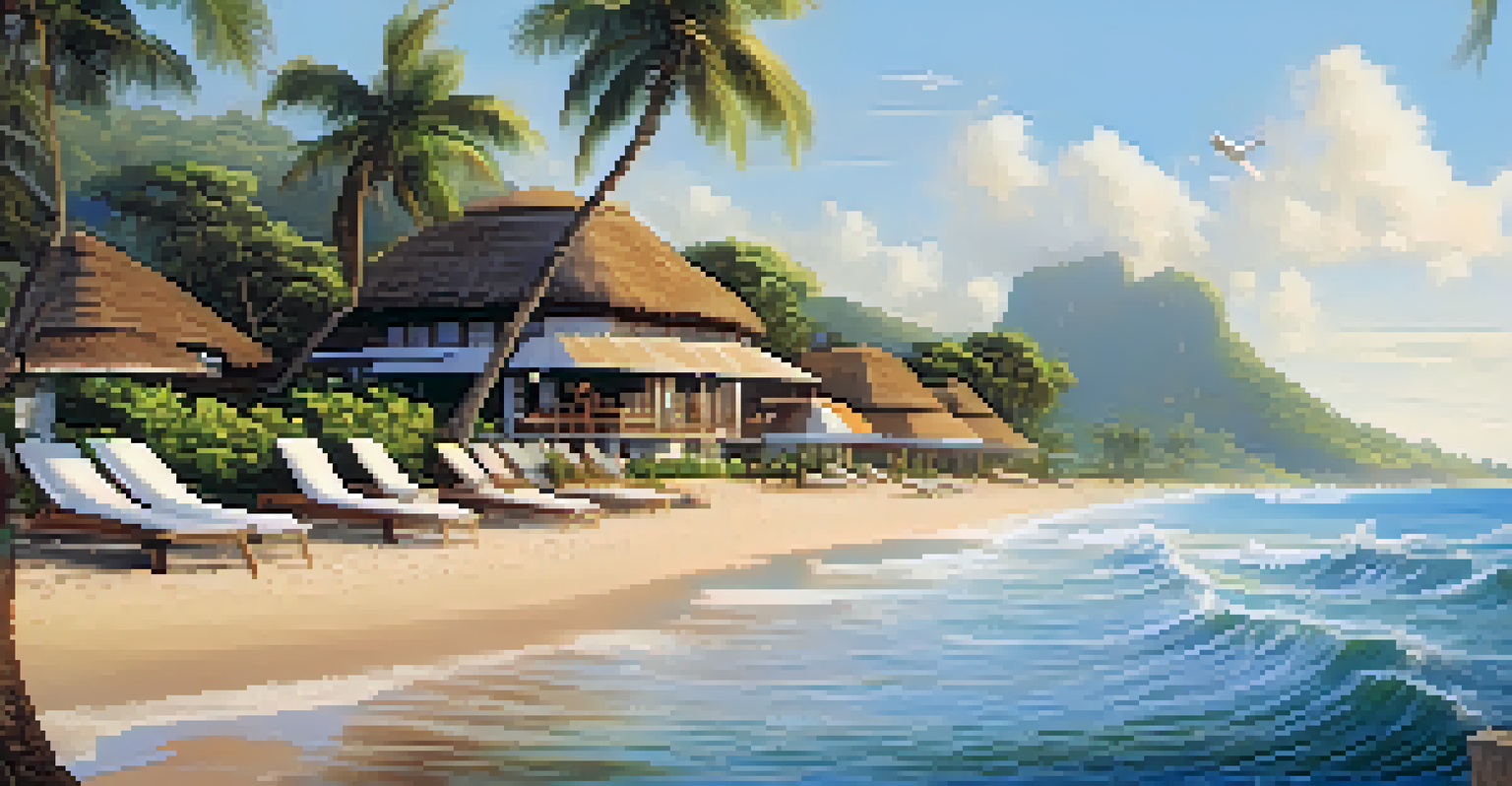 An eco-friendly hotel on a beach in Brazil, with guests dining outdoors and solar panels visible, surrounded by palm trees and ocean waves.