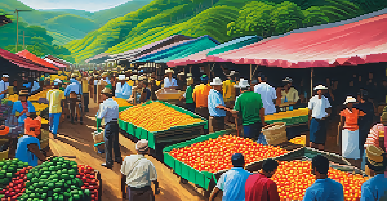 A lively Brazilian coffee market with farmers selling coffee cherries and colorful stalls.