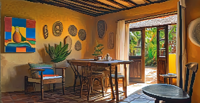 A bright and cozy room in a pousada with local artwork and a traditional Brazilian breakfast spread on a wooden table.