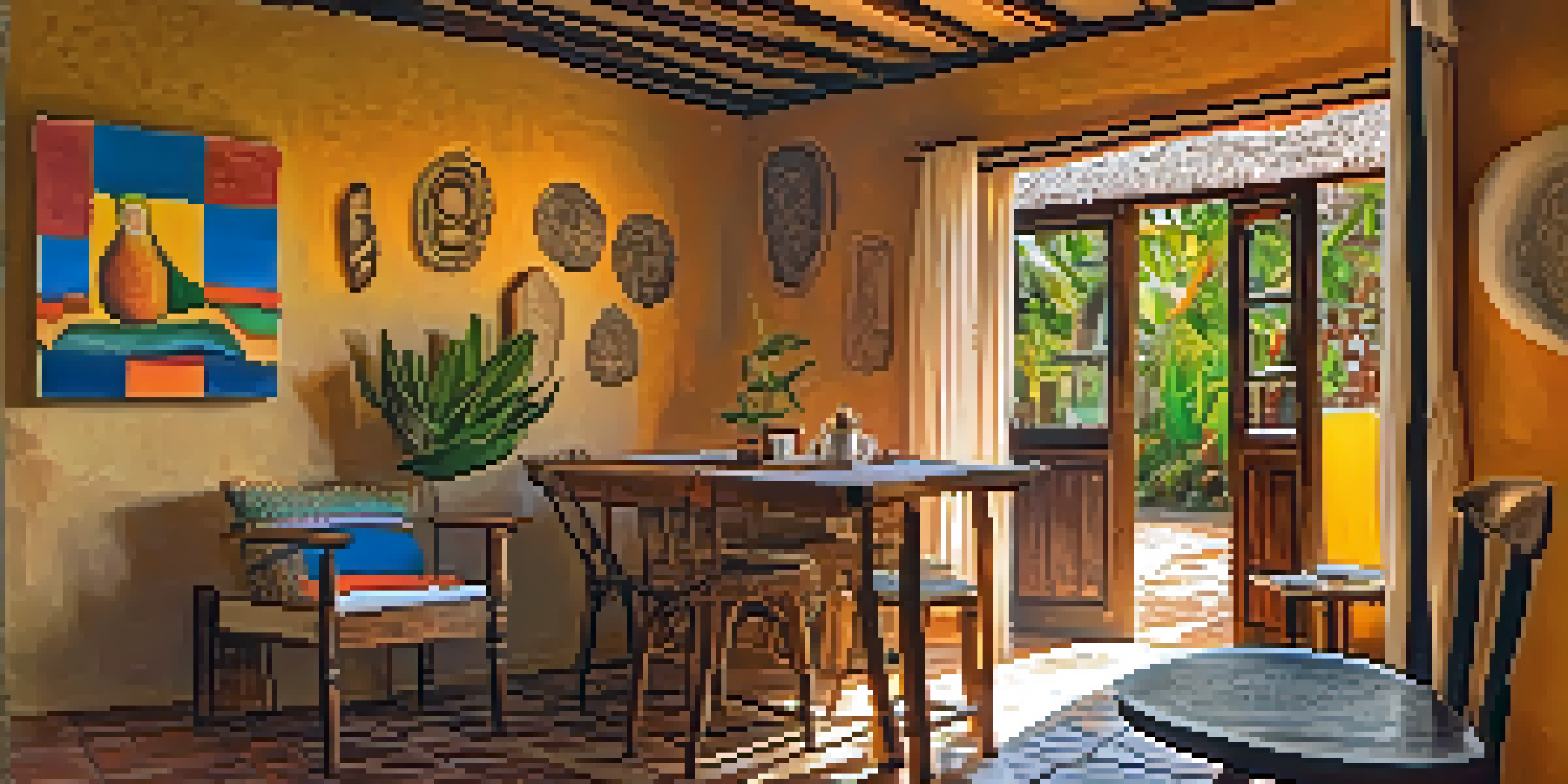 A bright and cozy room in a pousada with local artwork and a traditional Brazilian breakfast spread on a wooden table.