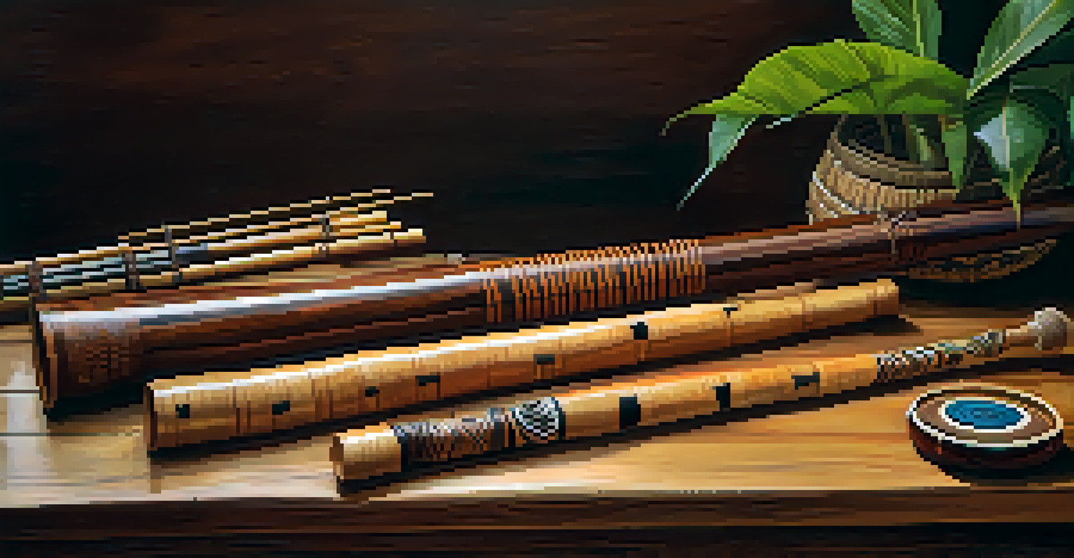 A close-up view of traditional Amazonian instruments like a berimbau and bamboo flute, showcasing their natural materials and intricate designs on a wooden table.