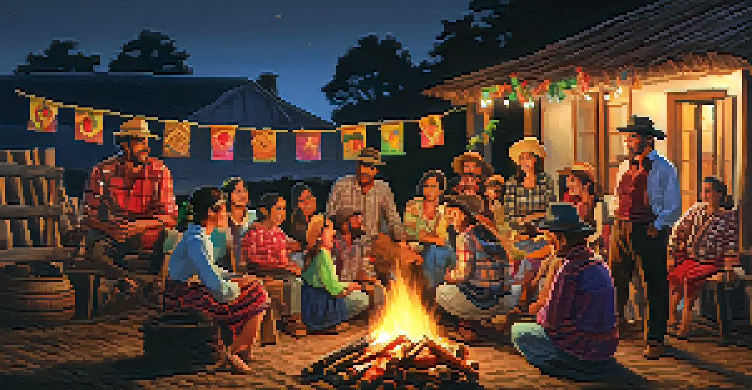 Families celebrating Festa Junina around a bonfire, with colorful decorations and traditional foods, dressed in festive attire and enjoying the quadrilha dance.