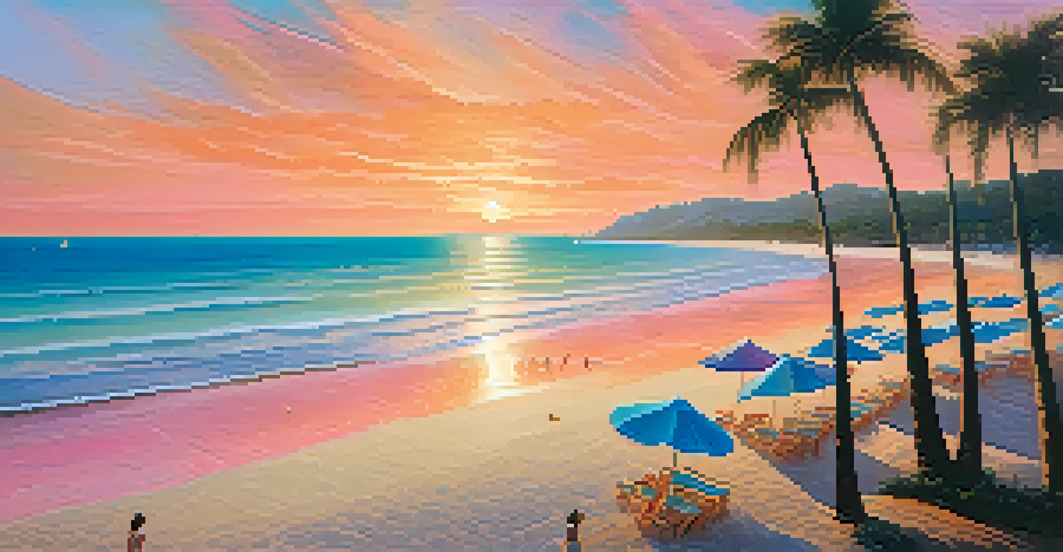 An aerial view of a tropical beach in Brazil during sunset, with palm trees and colorful umbrellas.