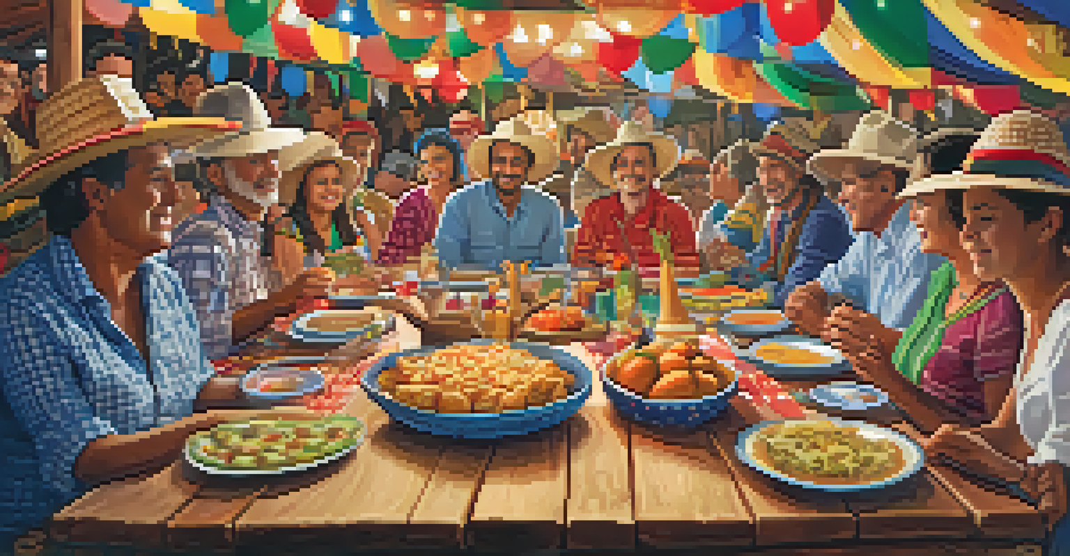 A festive table at a Festa Junina celebration with traditional dishes and people in colorful rural attire surrounded by decorations.