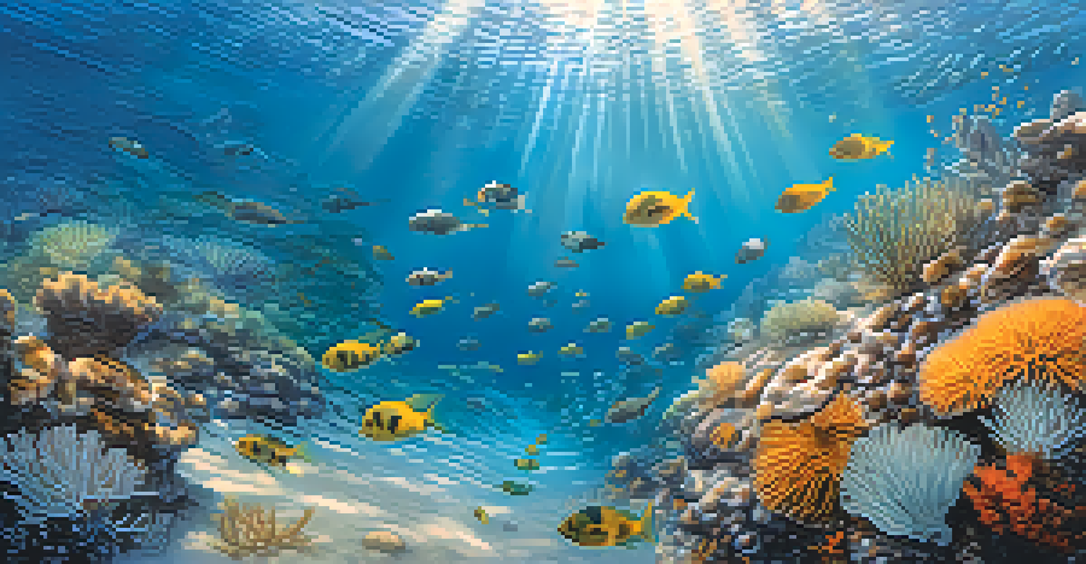 An overhead view of a serene underwater landscape with sandy ocean floor, colorful sea anemones, and small fish, illuminated by sunlight.