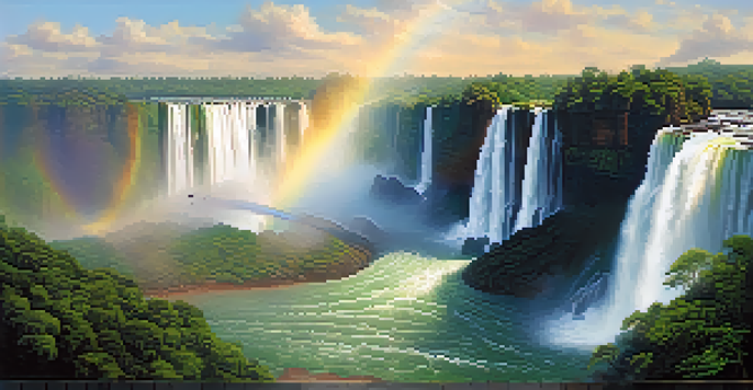 A stunning waterfall scene at Iguaçu Falls, with vibrant greenery and rainbows in the mist.