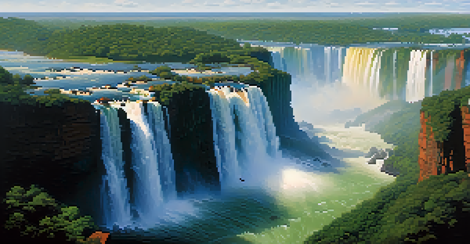 A panoramic view of Iguazu Falls, showcasing the powerful waterfalls and the vibrant rainforest under a clear sky.