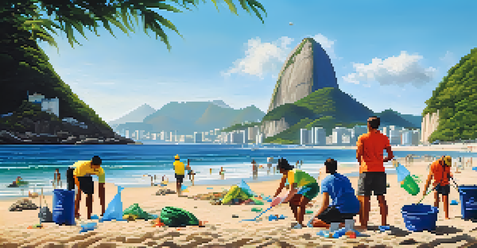 Volunteers cleaning up a beach in Rio de Janeiro, with the Sugarloaf Mountain in the background and clear skies above.