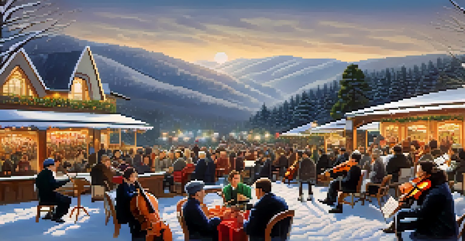 A winter festival scene in Campos do Jordão with musicians performing outdoors, surrounded by mountains and attendees enjoying warm drinks and local food.