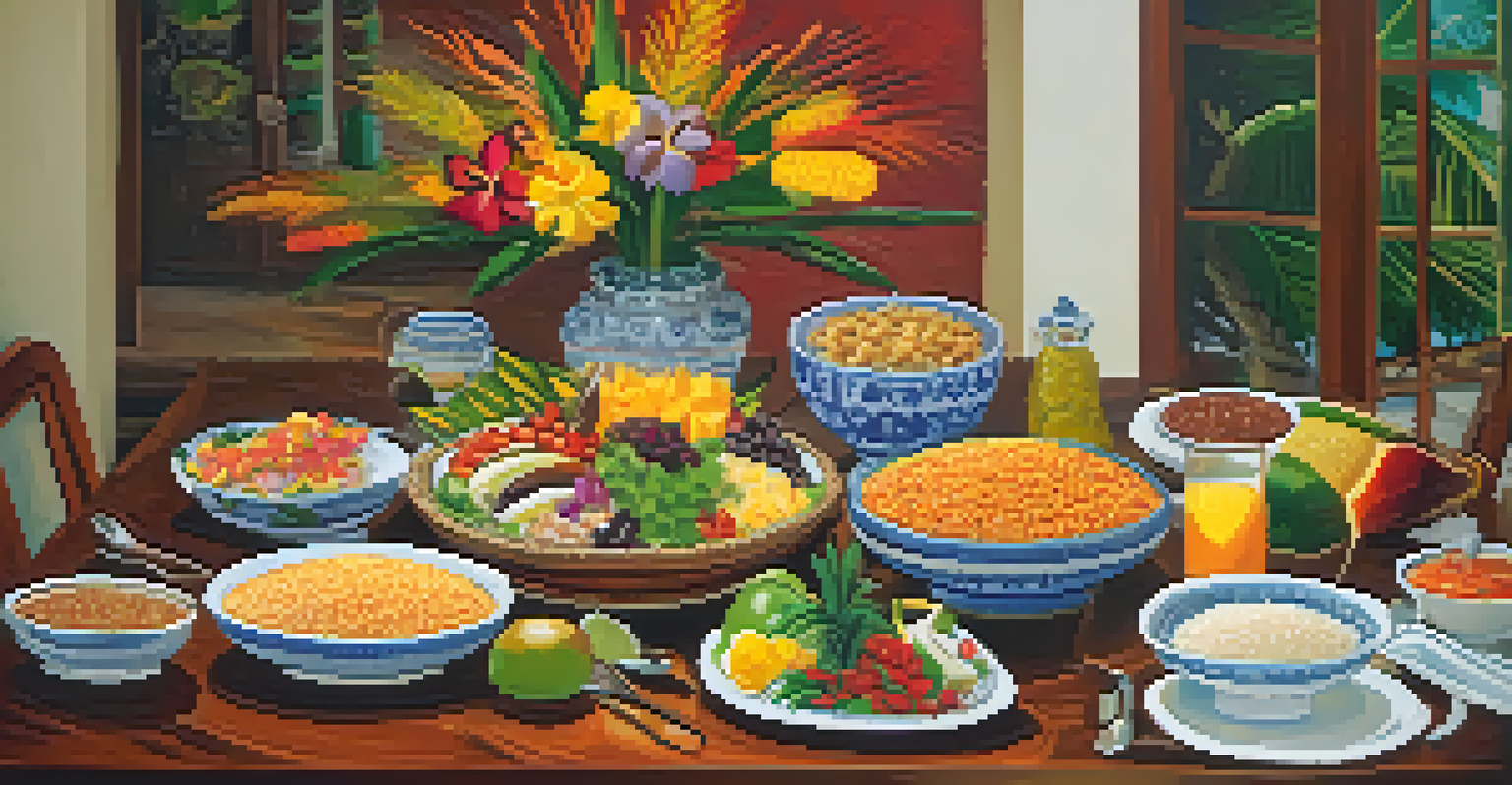 A dining table elegantly set with traditional Brazilian dishes and colorful decorations.