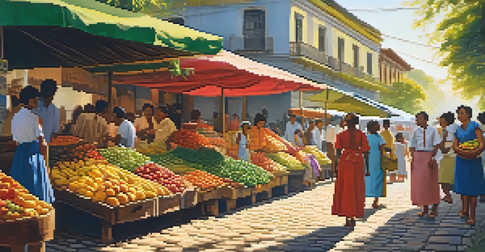 A lively Brazilian market scene from the 1960s with vendors and customers, showcasing colorful fruits and vegetables under soft sunlight.