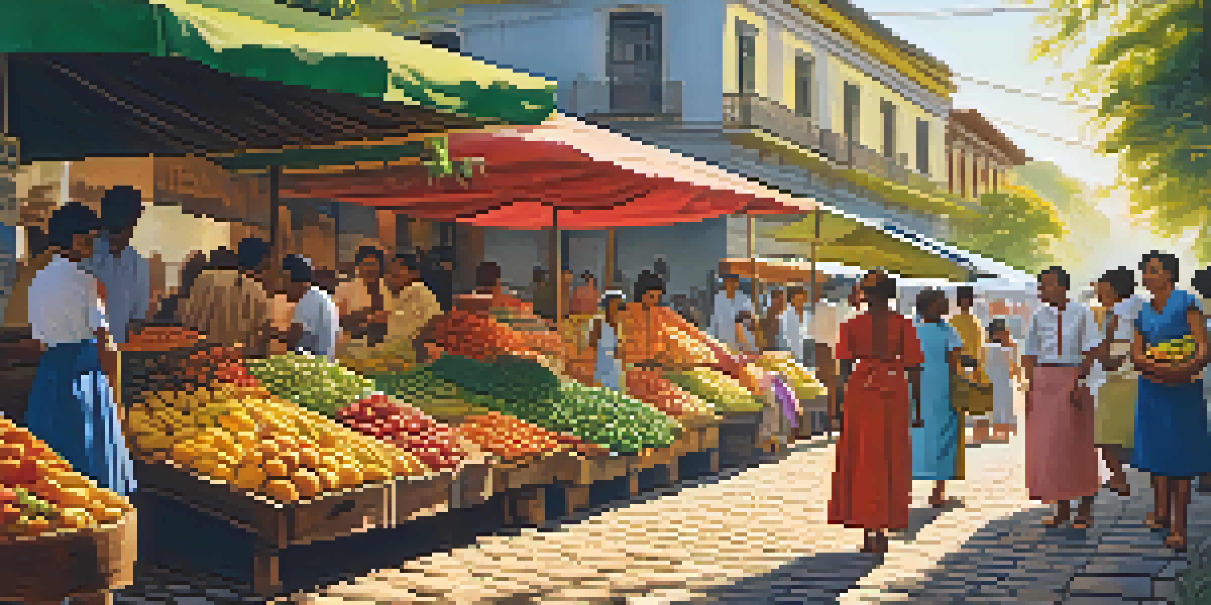 A lively Brazilian market scene from the 1960s with vendors and customers, showcasing colorful fruits and vegetables under soft sunlight.