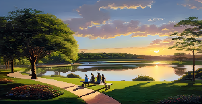A peaceful park scene in Brasília with lush trees, winding paths, and a lake at sunset, featuring people enjoying picnics.