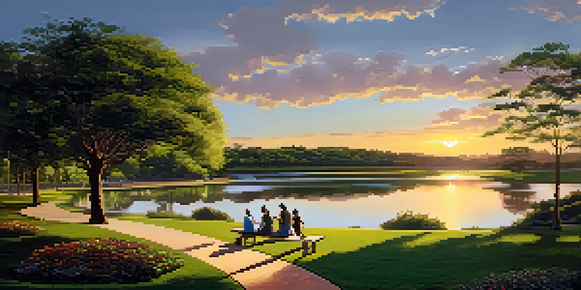 A peaceful park scene in Brasília with lush trees, winding paths, and a lake at sunset, featuring people enjoying picnics.