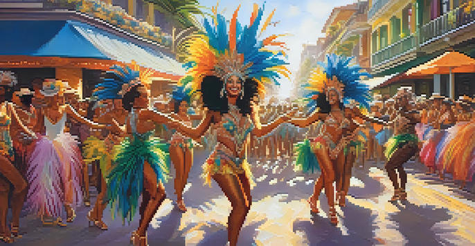 A lively samba dance scene with dancers in colorful costumes on a Brazilian street during Carnival, filled with festive decorations and sunlight.