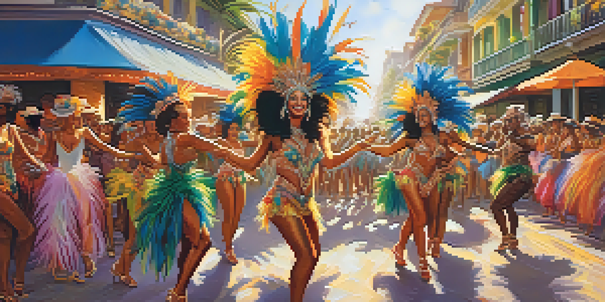A lively samba dance scene with dancers in colorful costumes on a Brazilian street during Carnival, filled with festive decorations and sunlight.